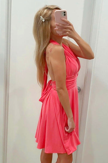 Jolie Fuchsia Halter Backless Robe courte de retour à la maison